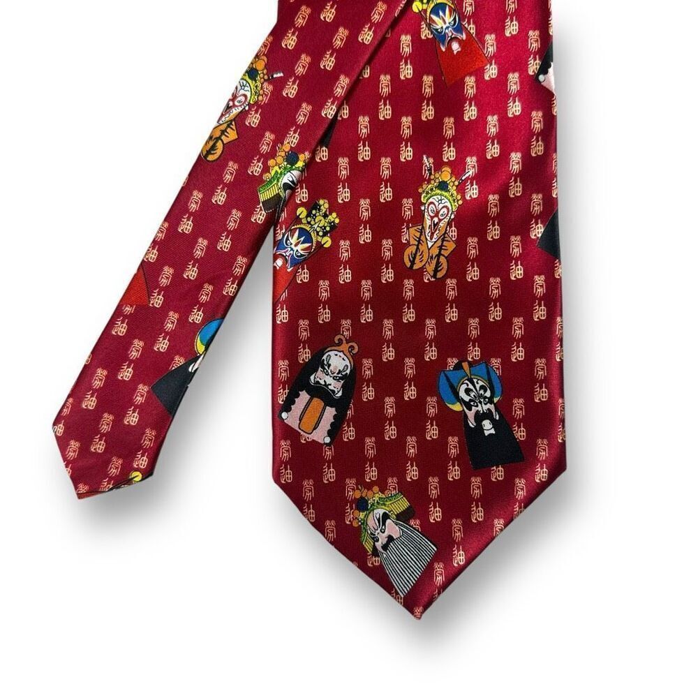 Kai‎ Long Handmade Silk Neck Tie Red Chinese Mask Print Pattern Novelty Colorful